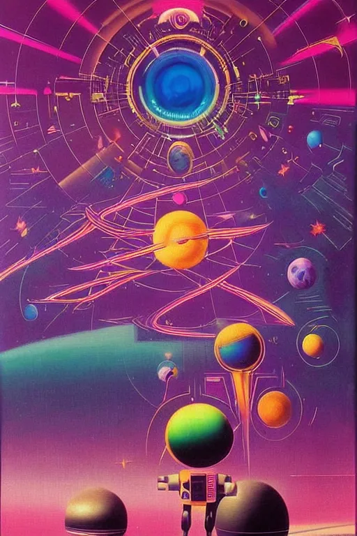 Image similar to 8 0 s art deco planets, stars, supernova, robots, led screens, droids, computers, cinematic dramatic cyberpunk textural fluid lines purple, pink, blue, green. otherworldly vaporwave interesting details fantasy lut epic composition by basquiat zdzisław beksinski james jean artgerm rutkowski moebius francis bacon gustav klimt