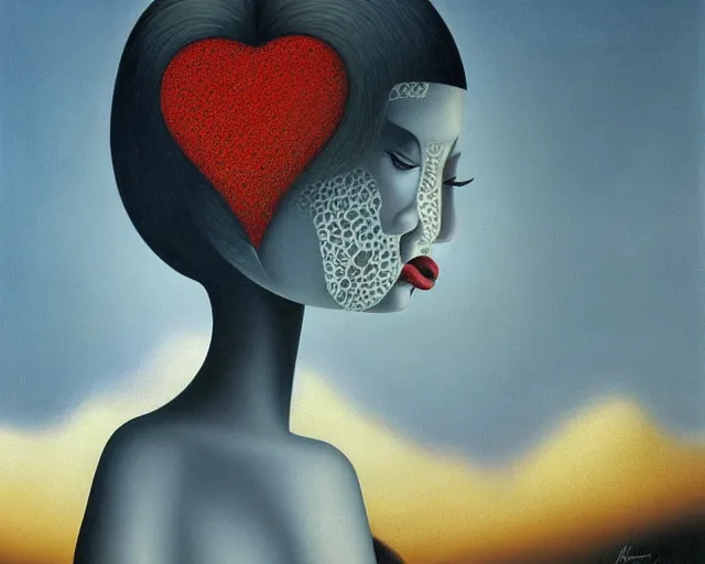 Prompt: lamenvolent realization of self, an ultrafine detailed painting by rafal olbinski, behance contest winner, pop surrealism, detailed painting, very detailed, minimalist, skeuomorphic, airbrush art