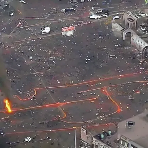 Image similar to bleve explosion, fireball, fireball explosion, 2 4 0 p footage, 2 0 0 6 youtube video, helicopter footage over city, gas station explosion