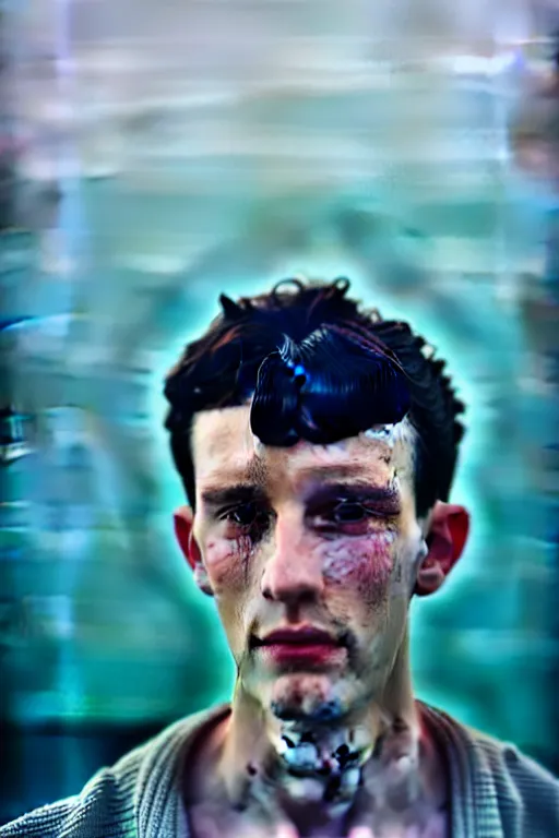 Image similar to high quality pastel coloured film mid angle selfie photograph of a beautiful young 2 0 year old male, soft features, short black hair, standing in an icelandic black rock environment. atmospheric. subsurface scattering. three point light. photographic. art directed. ( pastel colours ). volumetric light. clearcoat. waves glitch. 8 k. filmic.