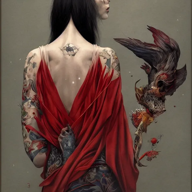 Image similar to ultra realistic illustration, beautifulwoman dressed in red kimono, backview, tattoos, in the style of peter mohrbacher by weta digital and beth cavener, high face symmetry, intricate, masterpiece, award winning, high face symmetry, intricate