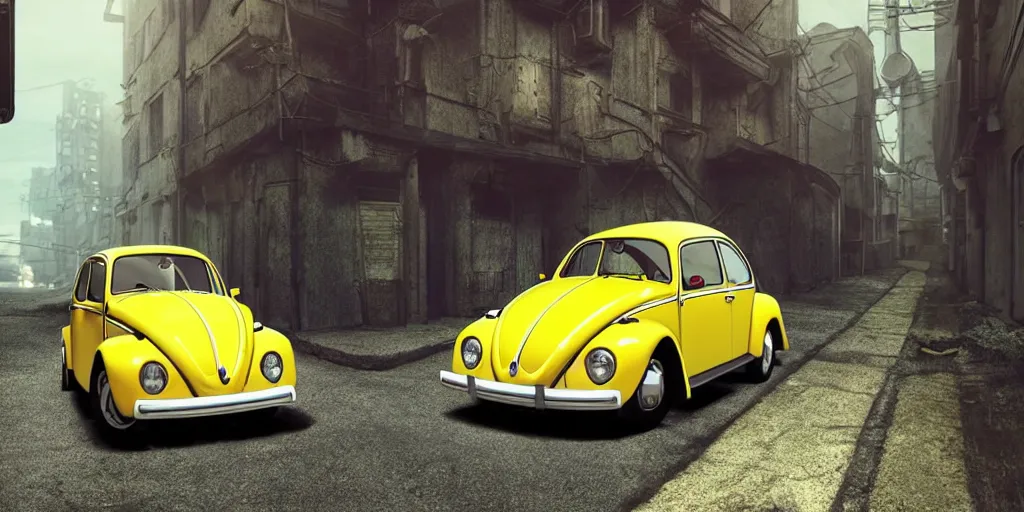 Image similar to a wholesome animation key shot of a focused old yellow beetle Volkswagen car parked in an abandoned alleyway, medium shot, waist up, studio Ghibli, Pixar and Disney animation, sharp, very detailed, high resolution, Rendered in Unreal Engine 5, anime key art by Greg Rutkowski, Bloom, dramatic lighting