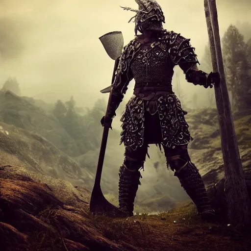 Prompt: full-body-portrait photo brutal nordic Warrior, wearing intricate steel armor, holding magical fiery battle-axe, sharp focus, highland landscape with few trees background, magical aura, heroic pose, fantasy style, octane render, volumetric lighting, 8k high definition, highly detailed, trending on ArtStation, centered