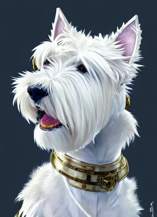 Image similar to a west highland white terrier, anime art style, wearing futuristic, led - lit armor, and a cannon mounted on his back, portrait, high detail, sharp focus, digital painting, artstation, concept art, art by hayao miyazaki and artgerm and greg rutkowski and alphonse mucha.