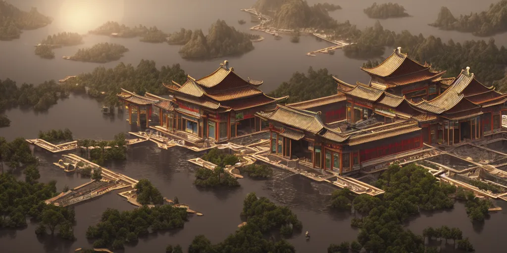 Prompt: ultra detailed photorealistic chinese palace, cinematic light, sci fi, glossy, cybernetic machines, futuristic decor, trending on artstation, global illumination, ultra realistic illustration, matte painting, high detailed, unreal engine, octane render, 4 k, hd, high quality