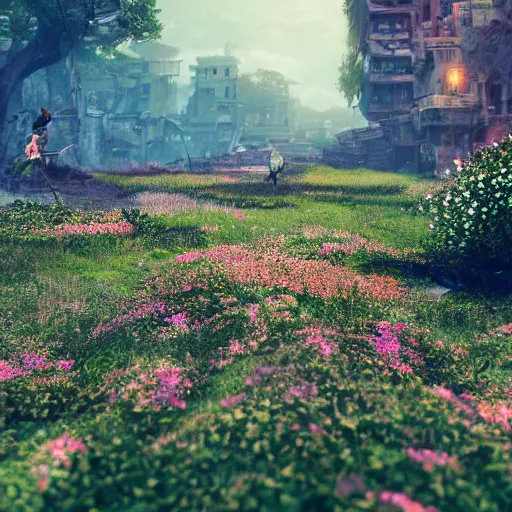 Image similar to A ruined city overgrown by flowers, octane render, 8K, depth of field, By WLOP