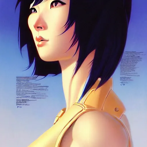 Image similar to head and shoulders portrait of Motoko Kusanagi, Starcraft illustration, medium shot, intricate, elegant, highly detailed, digital art, ffffound, art by gil elvgren and JC Leyendecker and sachin teng