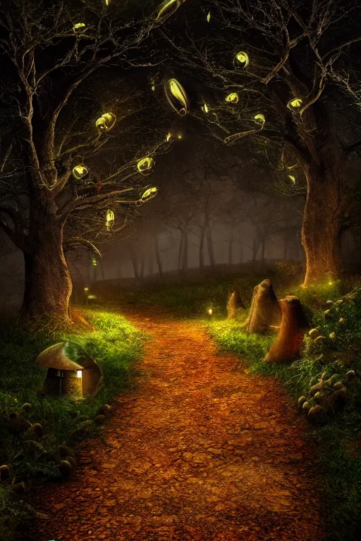 Prompt: a beautiful digital glossy clear sharp of a detailed gothic fantasy fireflies forest trees roots mushrooms fireflies moonlight and iron gate cobblestone pathway vines ground fog by james gurney, 8 k resolution trending on artstation