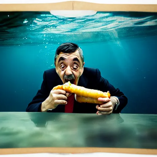 Prompt: An Alec Soth portrait photo of Mr. Bean eating a corndog while underwater