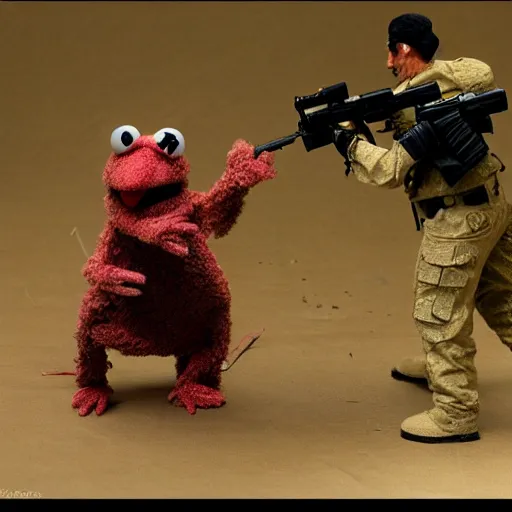 Prompt: muppet puppet gonzo special forces trying to diffuse an ied. action movie scene photograph.