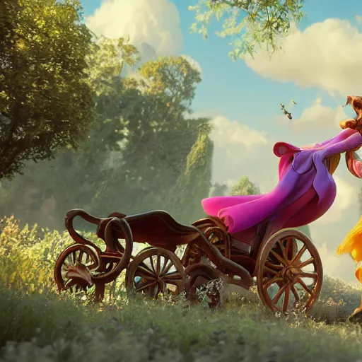 Prompt: disney inspired cindrella and her magic chariot, hi definition, photo realistic painting, octane render, 8 k, art station, unreal engine, beautiful details,