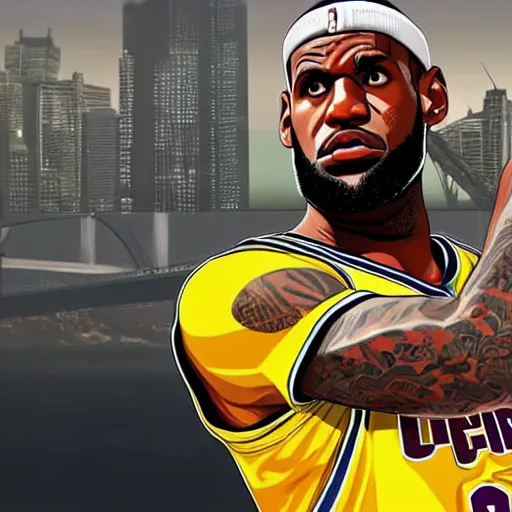 Prompt: lebron james in gta v cover art, sharp details, sharp focus