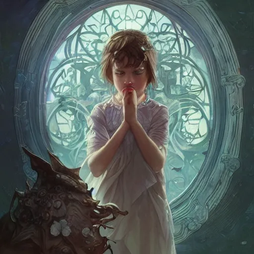 Image similar to a weird supernatural and creepy and adorable kid, fantasy, intricate, elegant, highly detailed, digital painting, artstation, concept art, smooth, sharp focus, illustration, art by artgerm and greg rutkowski and alphonse mucha