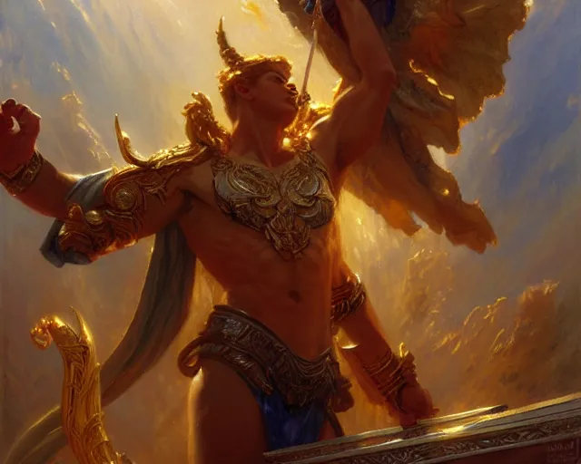 Image similar to attractive heroic male deity, casts magic, summoning handsome heroic lucifer morning star. highly detailed painting by gaston bussiere, craig mullins, j. c. leyendecker 8 k