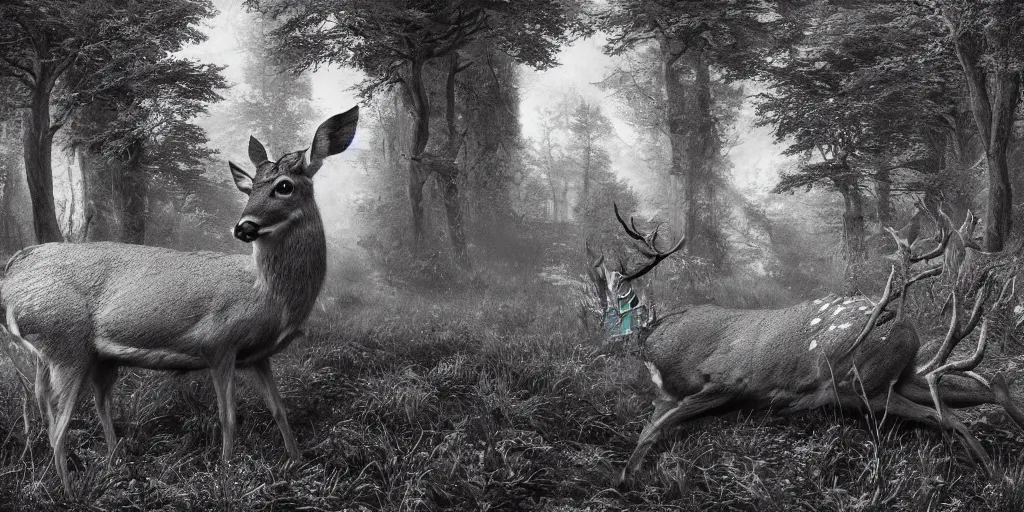 Prompt: deer getting overgrown by roots, edelweiss growing on his fur, forest, dolomites, alpine, detailed intricate insanely detailed octane render, 8k artistic 1920s photography, photorealistic, black and white, chiaroscuro, hd, by David Cronenberg, Raphael, Caravaggio