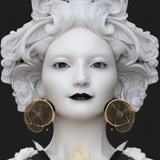 Image similar to smooth white marble statue face of gorgeous woman, black onyx details, black and gold wires, hyper realistic render, super detailed, photo quality, octane render, corona render