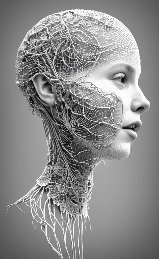Prompt: complex 3d render ultra detailed of a beautiful porcelain profile woman face, hazel eyes, vegetal dragon cyborg, 150 mm, beautiful natural soft light, rim light, silver black details, roots, fine lace, maze like, mandelbot fractal, magnolia big yellow infrared leaves and stems, smoke, anatomical, facial muscles, cable wires, microchip, elegant, white metallic armor, octane render, black and white, H.R. Giger style