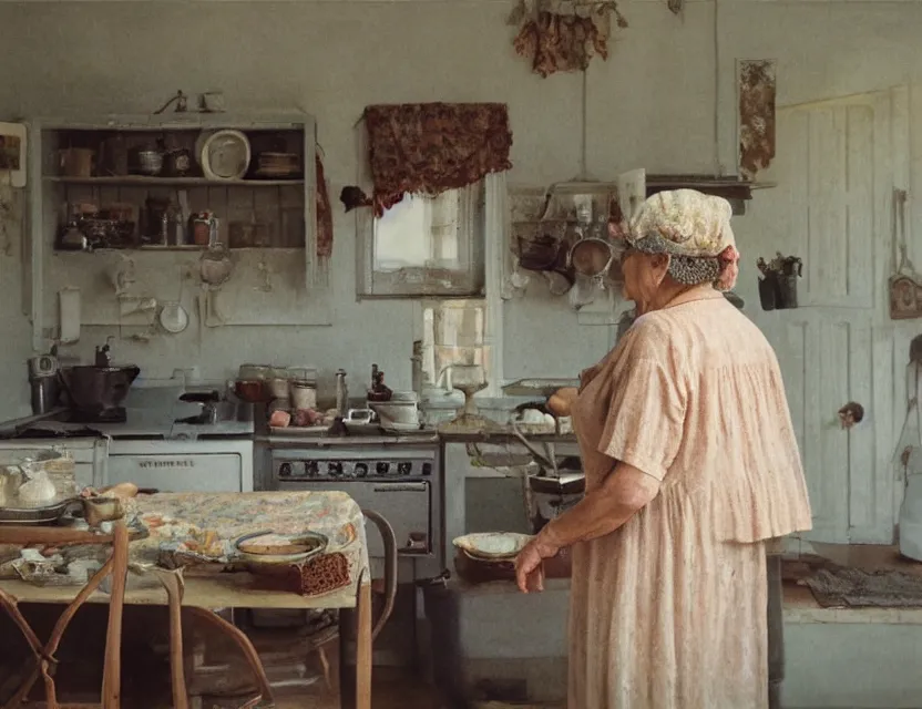 Image similar to grandmother cooking in a kitchen in country house, back view, cottage core, cinematic focus, polaroid photo bleached vintage pastel colors high - key lighting, soft lights, foggy, by steve hanks, by lisa yuskavage, by serov valentin, by tarkovsky, 8 k render, detailed, oil on canvas