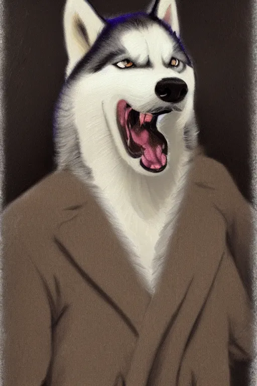 Image similar to a character design of a husky wearing a white vest, portrait painting, furry, humanoid, anthropomorphic, personify