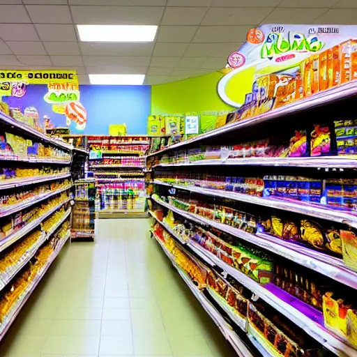 Image similar to supermarket aisles, fisheye lens, color, fluorescent lighting,
