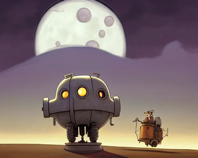 Prompt: a cell shaded cartoon grey lovecraftian mechanized lightbulb from howl's moving castle ( 2 0 0 4 ), with a big head, on a desert road, wide shot, in front of a big moon, muted colors, post grunge, josan gonzales, wlop, by james jean, victor ngai, hq, deviantart, art by artgem