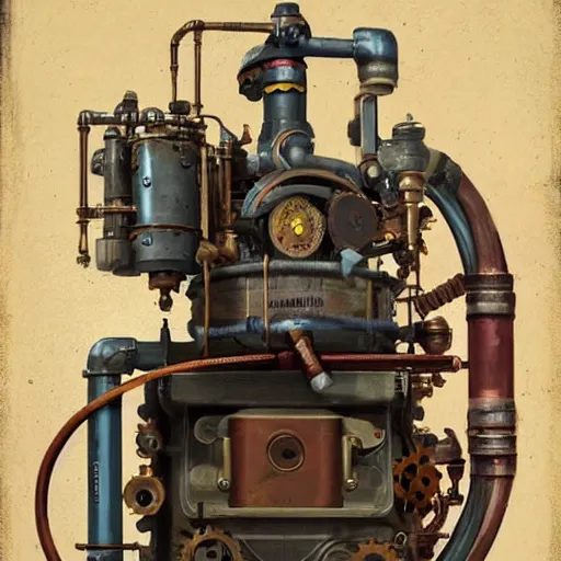 Prompt: A random pointless contraption ((steampunk)) industrial appliance pneumatic machine with no apparent purpose, being operated by a scholarly looking man with a clear directed gaze, artwork by Sergey Kolesov