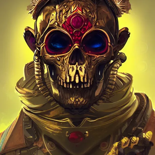 Prompt: a golden skull face monkey warrior with a ruby in his forehead, Apex Legends character digital illustration portrait design, by android jones, detailed, cinematic lighting, wide angle action dynamic portrait