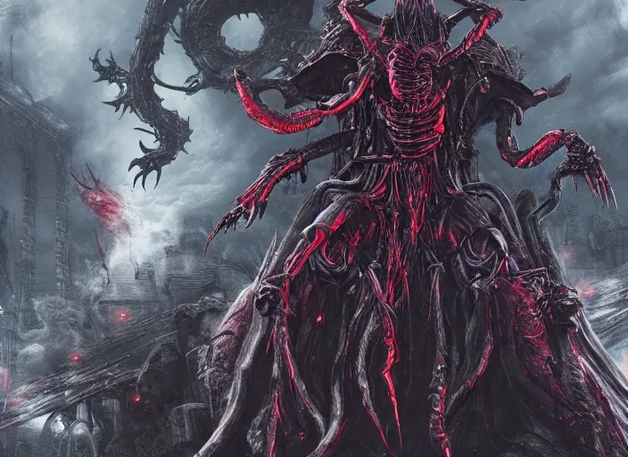 Prompt: misato katsuragi as a boss in bloodborne, dark souls boss, eldritch imagery, evil creature, epic battle, dangerous cinematic, concept art, gothic, highly detailed