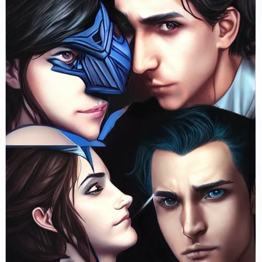 Image similar to emma watson kissing nightwing, realistic, intricate, elegant, art by artgerm and wlop