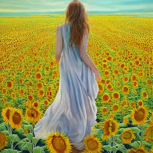 Image similar to a girl in really long dress slowly walking through amazing tall sunflower field, hair flowing, early morning lighting, elegant, subtle, intricate details, real masterpiece, oil on canvas, by somsak anong