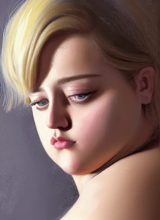 Prompt: full body portrait, teenage lili reinhart, blonde hair, obese, bangs, ponytail, sultry, realistic, sultry, fluffy bangs, shirt, curly bangs, fat, belly, intricate, elegant, highly detailed, digital painting, artstation, concept art, smooth, sharp focus, illustration, art by wlop, mars ravelo and greg rutkowski