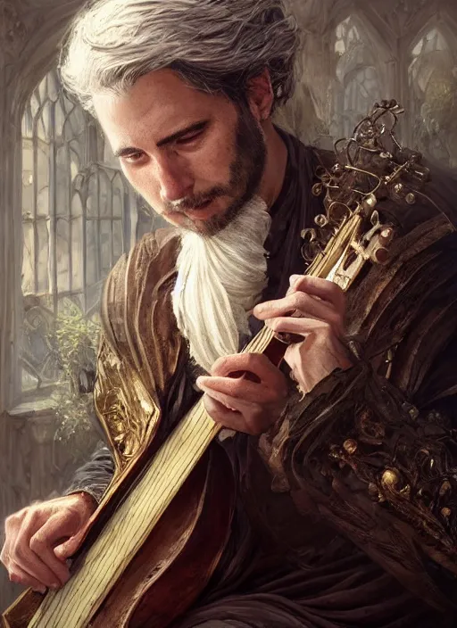 Prompt: realistic portrait painting of a male fantasy bard, old mystic ruins, afternoon, intricate, elegant, highly detailed, digital painting, sharp, focus, by artgerm and greg rutkowski