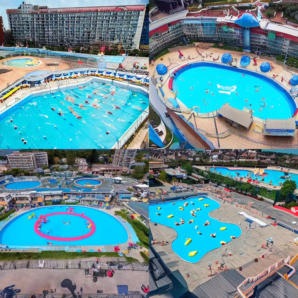 Prompt: drone footage of an outdoor swimming pool in the shape of mickey mouse, an outdoor swimming pool designed to look like a mickey mouse