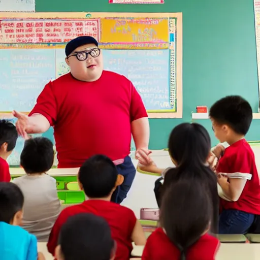 Prompt: fat kazakh guy with glasses in a red baseball cap teaching kids in school