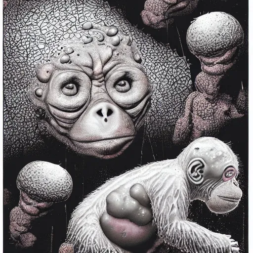 Image similar to measles on a deformed hideous pustule covered monkey, sores, bumps, skin wounds, surface hives, growths, horror, fantasy, highly detailed, by Dan Hillier, ooze, slime, in background nebula of bacteriophages