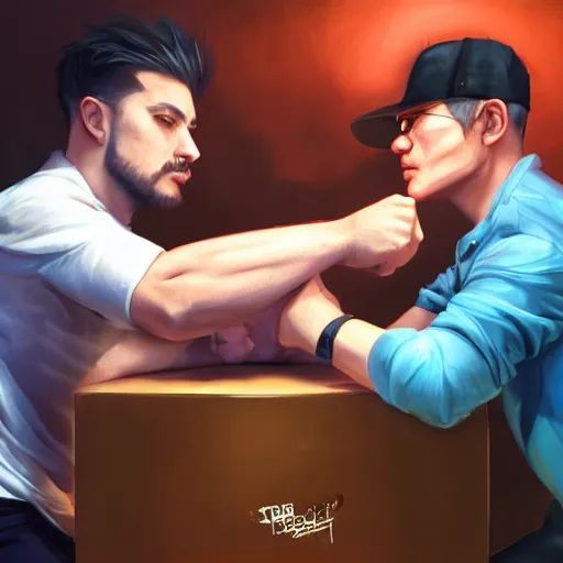 Image similar to two shady looking guys arm wrestling , made by Stanley Artgerm Lau, WLOP, Rossdraws, ArtStation, CGSociety, concept art, cgsociety, octane render, trending on artstation, artstationHD, artstationHQ, unreal engine, 4k, 8k,