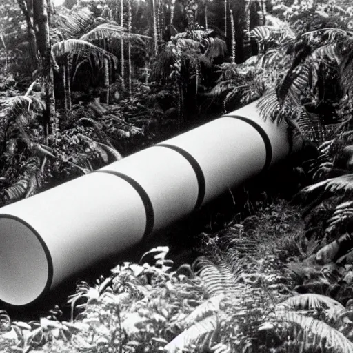 Image similar to a rizom lost film footage of a tube in the middle of the tropical jungle / tropicalism / tropicalism / tropicalism / film still / cinematic / enhanced / 1 9 2 0 s / black and white / grain