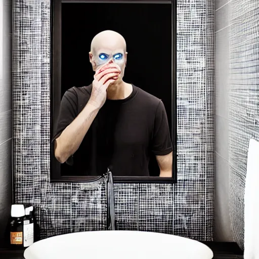 Prompt: vecna doing his daily skincare routine in a fancy bathroom, realistic photo, 4 k, uhd, mirror