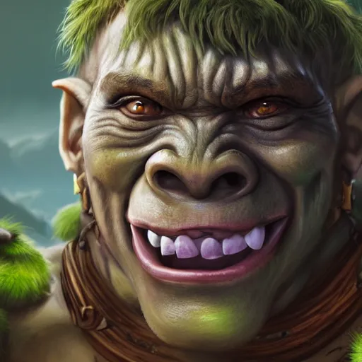 Image similar to a detailed portrait of a cute child orc boy smiling, fantasy art illustration, incredibly highly detailed and realistic, 8 k, sharp focus