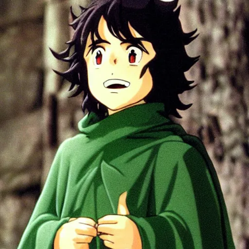 Image similar to peregrin took from the anime lord of the rings (1986), dark hair, green cape, studio ghibli, very detailed, realistic