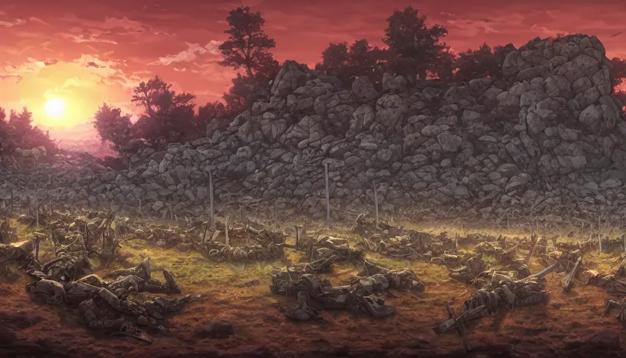 Image similar to the beautiful, chilling, panoramic view of dead calvary soldiers on a field and rocks at dusk with a giant wall in the background. hyperrealistic anime background illustration by kim jung ki, colorful, extremely detailed intricate linework, smooth, super sharp focus, bright colors, high contrast, matte, octopath traveler, unreal engine 5 highly rendered, global illumination, radiant light