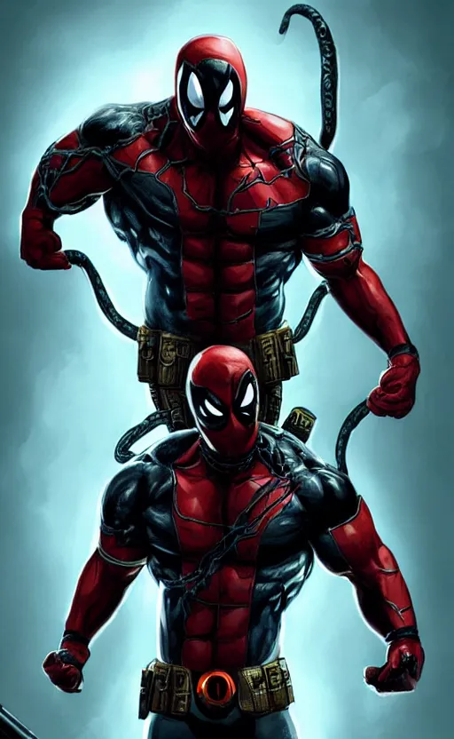 Image similar to venom as deadpool, dynamic lighting, photorealistic fantasy concept art, trending on art station, stunning visuals, terrifying, creative, cinematic