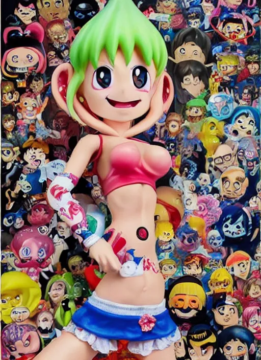 Prompt: a lifelike oil painting of an anime girl figurine caricature with a big dumb grin made of madballs featured on spitting image by arthur szyk in the style of splatoon