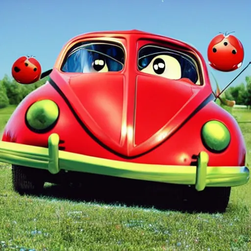 Prompt: a hybrid lady bug and'herbie the love bug'car. location of the old fashioned drive - in diner. imax, 7 0 mm, movie still