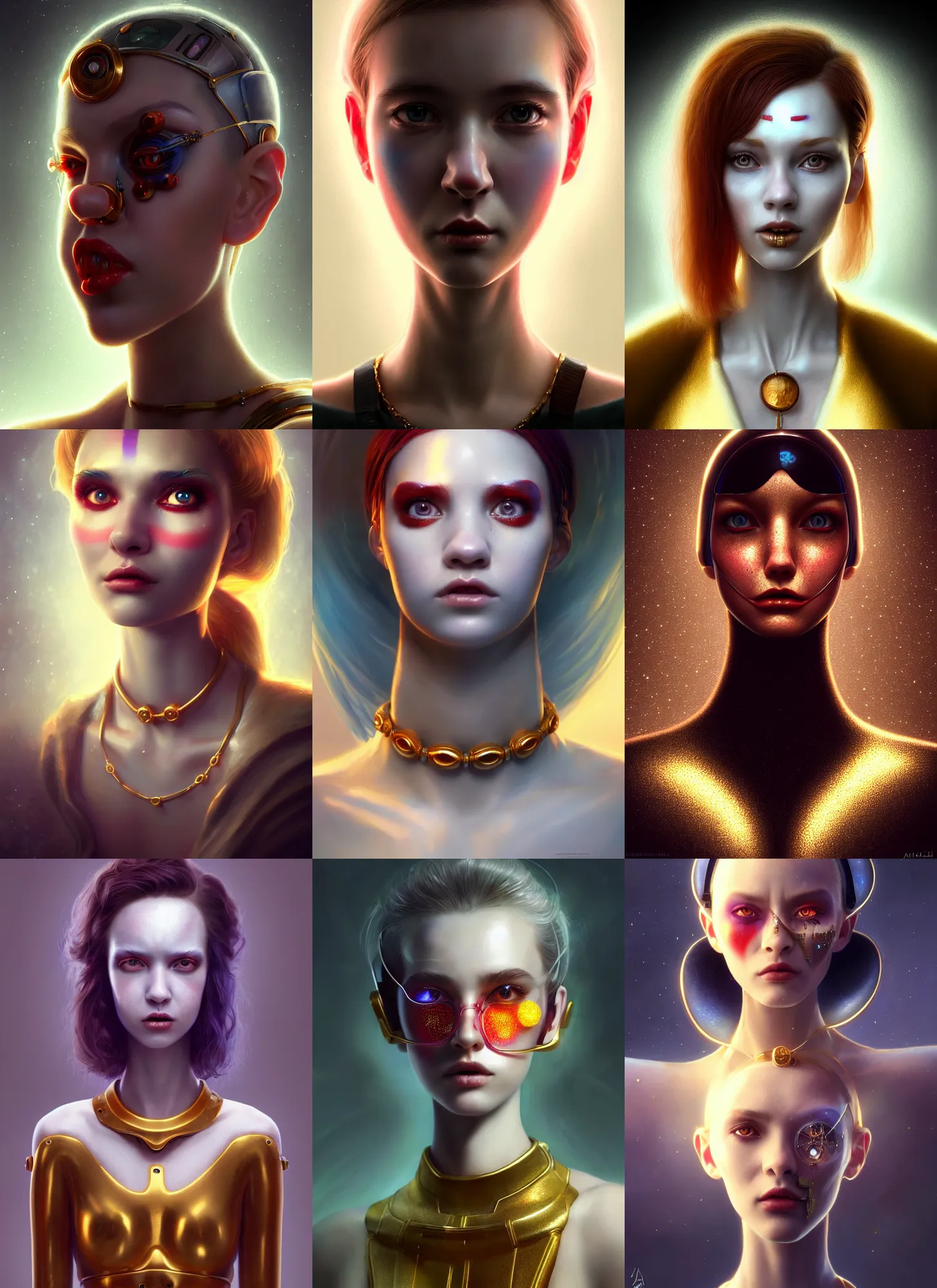 Prompt: pixar portrait 8 k photo, beautiful shiny white porcelain rich galactic oily clowncore russian cyborg college girl, jewelry, golden ratio, sci fi, fantasy, cyberpunk, intricate, decadent, highly detailed, digital painting, unreal engine, artstation, concept art, smooth, sharp focus, illustration, art by artgerm, loish, wlop