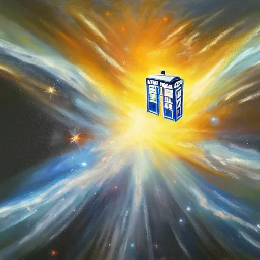 Prompt: An oil on canvas painting of the TARDIS flying through a space-time vortex