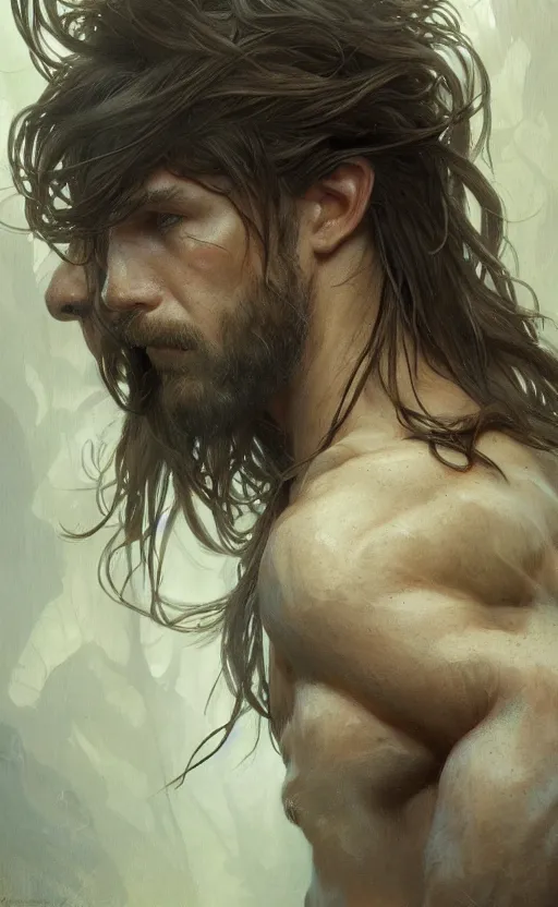 Image similar to God of the forest, male, rugged, shoulder-length hair, gorgeous, detailed face, clear face, amazing, muscular, intricate, highly detailed, digital painting, artstation, concept art, sharp focus, illustration, art by greg rutkowski and alphonse mucha