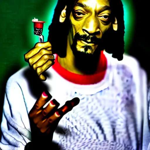 Image similar to Snoop Dog with big eyes eye color red , smiling and holding a joint in his hand