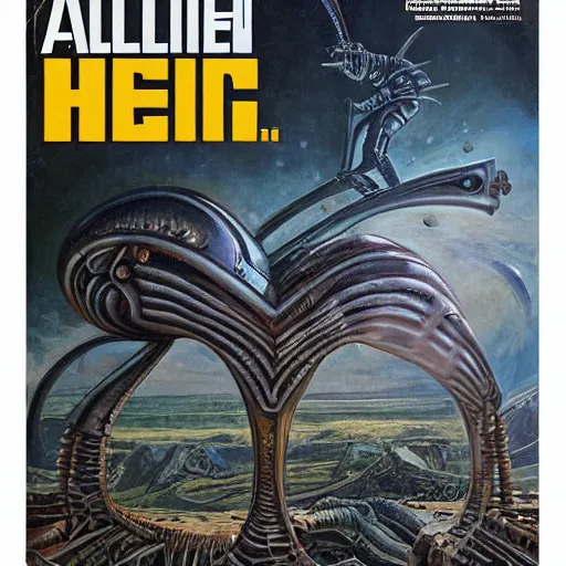 Prompt: Retro Sci-fi magazine cover, Alien landscape in the style of h.r giger, norman rockwell, giger, highly detailed, soft lighting, 8k resolution, oil on canvas, architectural magazine