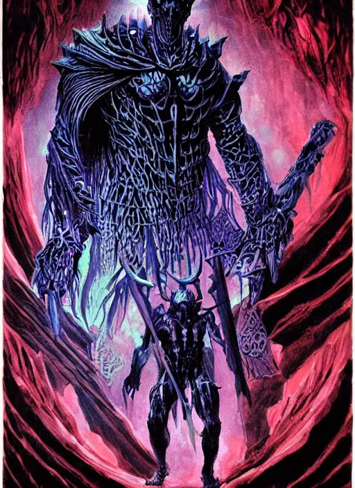 Image similar to demon knight in eldritch armor, blacklight poster on black paper, beautifully symmetrical, high detail render, by bernie wrightson greg rutowsk james jean